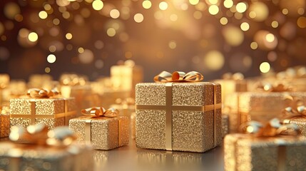 Glittering holiday background adorned with radiant gold gift boxes, featuring a captivating gold gradient with mesmerizing bokeh effects. AI generated