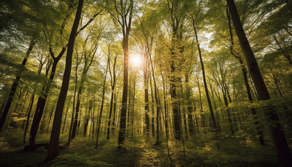 Naklejka premium Vibrant green forest glows in sunlight, a tranquil wilderness scene generated by AI