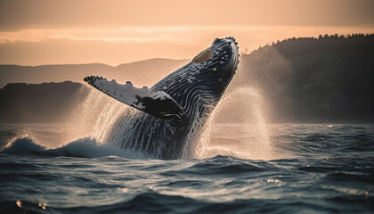 Fototapeta premium Majestic humpback whale breaching in sunset, splashing blue waves generated by AI