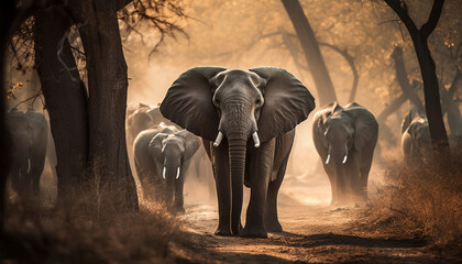 Fototapeta na wymiar African elephant herd grazing in tranquil savannah landscape at sunset generated by AI