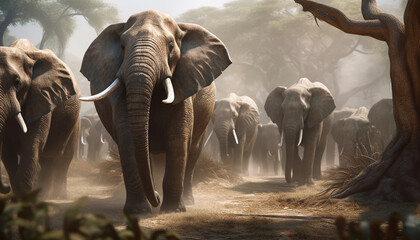 Fototapeta na wymiar Large herd of African elephants walking in the savannah at sunset generated by AI