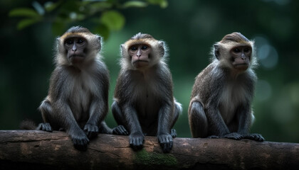 Obraz premium Young macaque sitting in tropical rainforest, looking at camera generated by AI