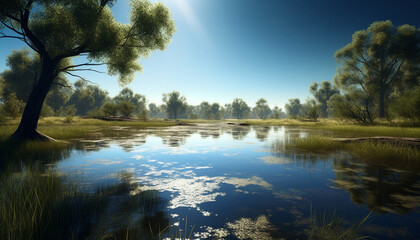Tranquil sunset over blue pond reflects natural beauty of wilderness generated by AI