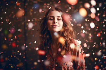 happy young woman with falling confetti. home celebration party concept. generative AI