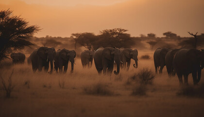 Fototapeta na wymiar African elephant herd grazing in tranquil savannah wilderness at sunset generated by AI
