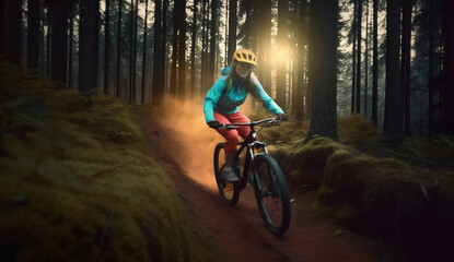Fototapeta na wymiar dark woman travel summer sport sunset cycling bike walking forest bicycle. Generative AI.