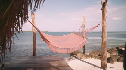Hammock on the beach on wooden poles, with palm leaves making shadow, in the background the sea and clear sky