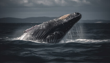 Fototapeta premium back whale breaching in majestic blue waters generated by AI