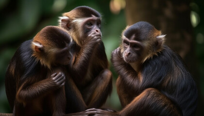Obraz premium Small group of cute young macaques sitting in tropical rainforest generated by AI