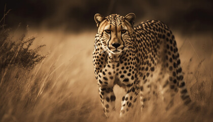 Majestic African cheetah walking in tranquil steppe at sunset generated by AI