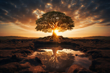 a tree with deep roots firmly planted in the ground, reaching upward with branches stretching towards the sky, representing the stoic principle of being grounded in one's values wh Generative AI