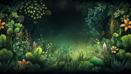 Nature's Canvas: Vibrant Green Background with Lush Plants and Flowers, Perfect for Text Placement