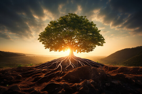 a tree with deep roots firmly planted in the ground, reaching upward with branches stretching towards the sky, representing the stoic principle of being grounded in one's values wh Generative AI