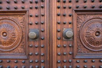 Vintage antique wooden door with Handle. Concept historical luxury apartment house.