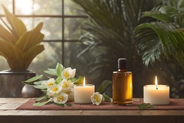Luxury tropical style spa salon interior with green plants flowers and massage aroma oil in a glass bottle.Generative AI