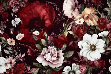 vintage flower burgundy background peony plant wallpaper nature decoration dark bouquet. Generative AI.