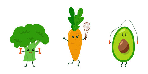 Set Happy Smiling Healthy Vegetables does Sports. Kids cartoon graphic vector illustrations isolated on white background. Fun Broccoli, Carrot and Avocado