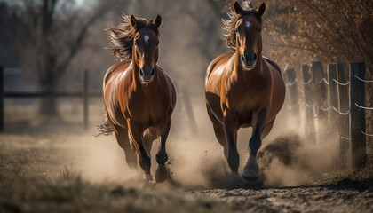 Running thoroughbred stallion in a beautiful rural meadow at sunset generated by AI