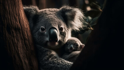 Sleeping koala, fluffy fur, close up portrait, peaceful tranquility generated by AI