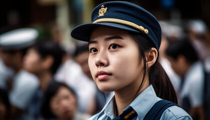 Young women in school uniform smiling for portrait in Beijing generated by AI