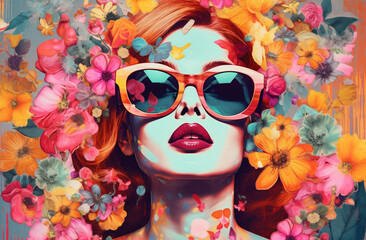 abstract woman poster design face portrait conceptual art flower trend fashion. Generative AI.