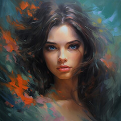 Art oil portrait of a beautiful woman with bright make-up and  long hair. Art painted  Portrait of beautiful girl. Digital painting. Illustration of a beautiful girl with oil paints.
