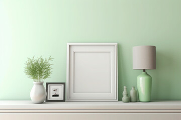 living room interior with mock up poster frame. green wall, minimalism, vase and flower. generative ai, ai, generative