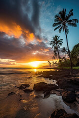 Fototapeta na wymiar tropical island at sunset. sea and palm trees at dawn. horizon and sun. tourism and travel. Generative, Generative AI