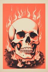 Risograph style design of Skull and Fire - Poster background art.