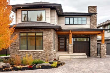 Fototapeta na wymiar Innovative Styling and Natural Stone Elements: Exclusive New Development House with Double Garage and Light Gray Siding, generative AI