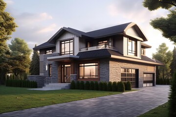 New Innovative Development Featuring Double Garage and Natural Stone Accents on White Siding, generative AI