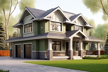 New Development House with Unique Styling, Double Garage, Light Green Siding, and Natural Stone Elements, generative AI