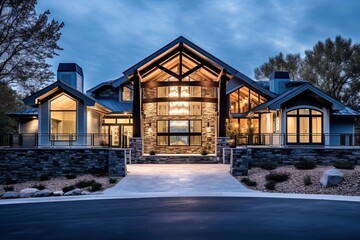 Newly Built Extravagant Residence Boasts Sleek Architecture, Spacious Three-Car Garage, and Stylish Light Blue Siding with Natural Stone Accents, generative AI