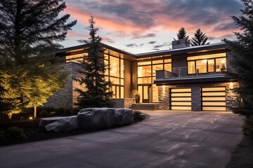Sleek Architecture and Natural Stone Accents Shine in Extravagant New Residence with Three-Car Garage and Coral Siding, generative AI