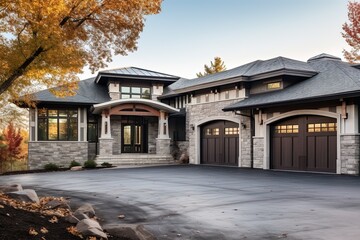 Modern Luxury: A Stunning New Home with Sleek Architecture, 3-Car Garage, Light Gray Siding, and Natural Stone Accents, generative AI