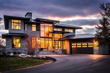 Newly Built Extravagant Residence with Sleek Architecture and Three-Car Garage Featuring Natural Stone Accents and Dark Gray Siding, generative AI