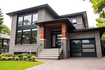 Fototapeta na wymiar Grand Brand New House: Modernist Style with Double Garage, Dark Green Siding, and Natural Stone Embellishments, generative AI