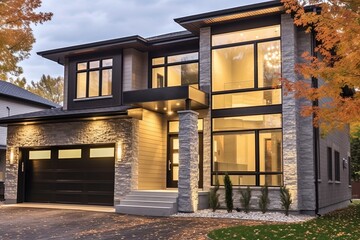 Modernist Style Grand Brand New House with Double Garage, White Siding, and Natural Stone Embellishments, generative AI