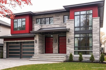 Brand New Modernist-Style House with Double Garage: Vibrant Red Siding and Natural Stone Embellishments, generative AI