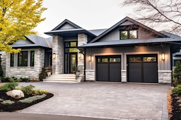 Modernist Style Double Garage Grand Brand New House with Light Blue Siding and Natural Stone Embellishments, generative AI