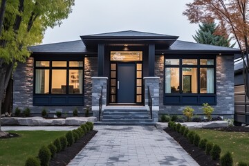 Grand Brand New House with Modernist Style, Double Garage, Dark Blue Siding, and Natural Stone Embellishments, generative AI