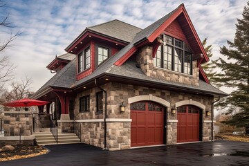 Three-Car Garage and Red Siding: Discover an Innovative Lavish Dwelling with Natural Stone Details, generative AI