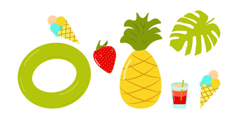 Set of summer elements, beach, summer accessory. Palm leaf, ice cream, inflatable circle, strawberry, pineapple and fruit cocktail. Rest. Vector flat illustration.