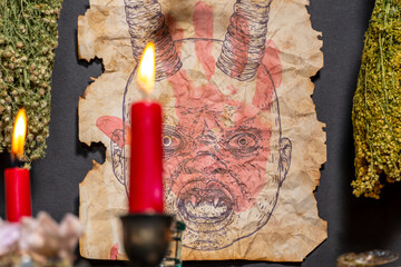 Old witch book Ancient parchment paper page with image of devil head. Portrait of demon with horns...