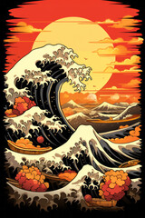 Traditional Japanese block style illustration of waves, clouds and sunset - background artwork.