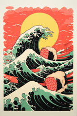 Traditional Japanese block style illustration of waves, clouds and sunset, with sushi pieces - background artwork.