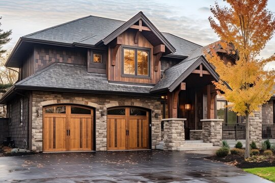 Brown Siding and Natural Stone Details Enhance Innovative Design of Lavish New Construction Dwelling with Three-Car Garage, generative AI