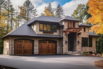 Beige Siding and Natural Stone Details: Discover the Lavish Innovation of this Three-Car Garage New Construction Dwelling, generative AI