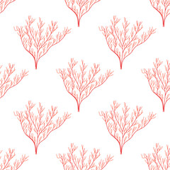 Summer abstract seamless pattern of marine plants.Coral. Marine theme. Print design, wallpaper, packaging. Vector flat illustration.