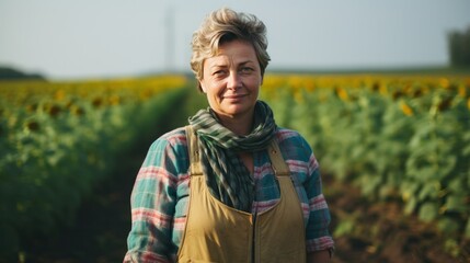 Portrait of a middle aged female farmer standing in sunflower field.